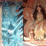 Craftsmen engaged in finalizing the idols of Maa Saraswati