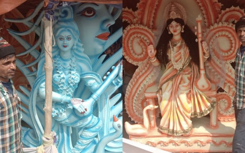 Craftsmen engaged in finalizing the idols of Maa Saraswati