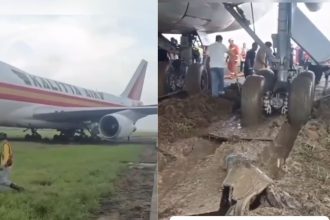 The pilot landed the plane in the mud
